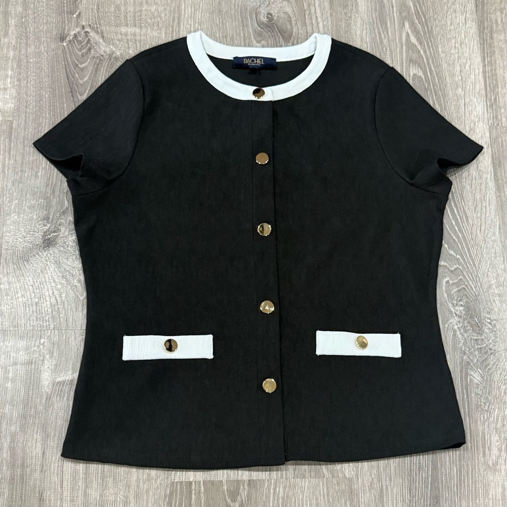 Rachel Roy black top with white trim and gold buttons size medium